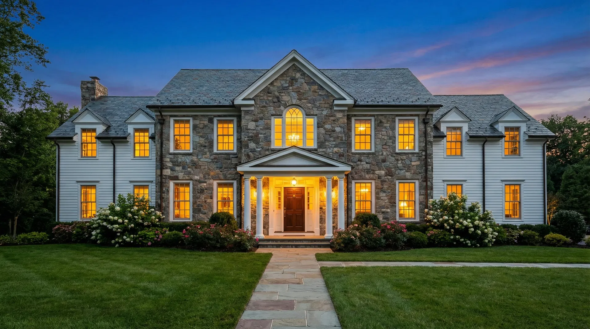 Elegant stone colonial home at twilight in Rockland County with warm interior lighting