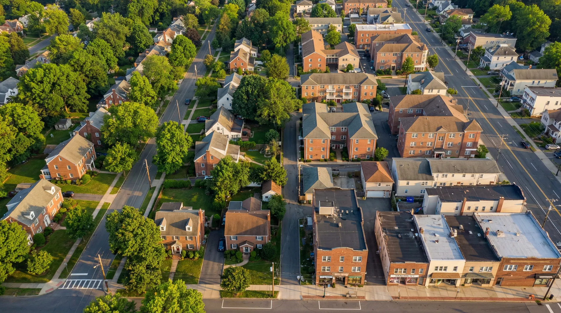 Aerial view of residential neighborhoods in Rockland County showing diverse housing styles