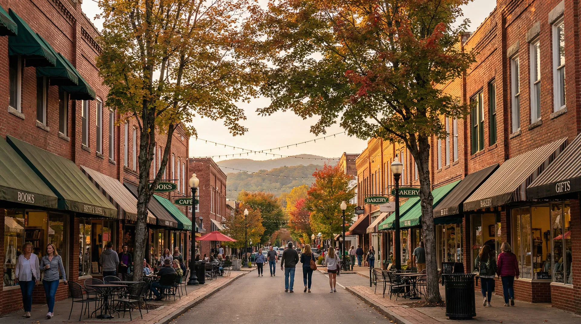 Charming walkable downtown main street with brick storefronts and fall foliage in a village setting