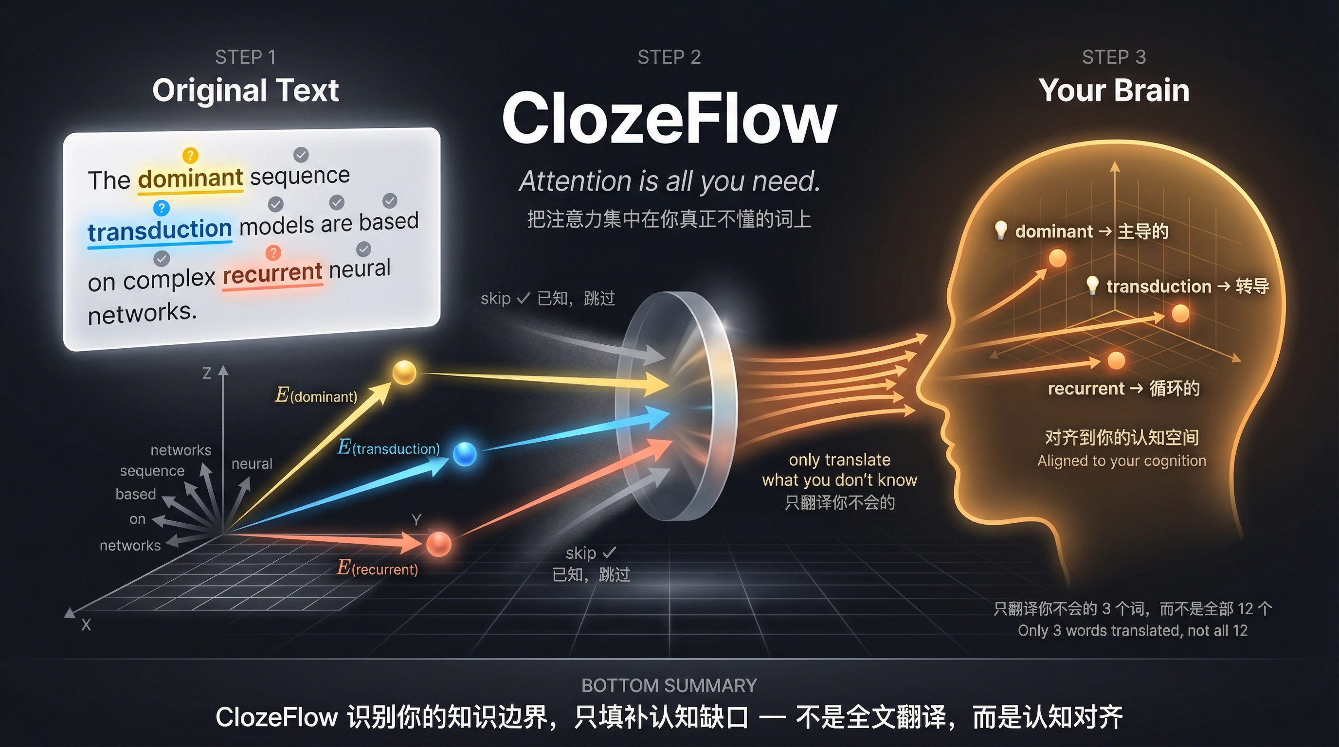ClozeFlow 概念图:从原文中识别未知词向量,通过 ClozeFlow 聚焦注意力,对齐到你的认知空间