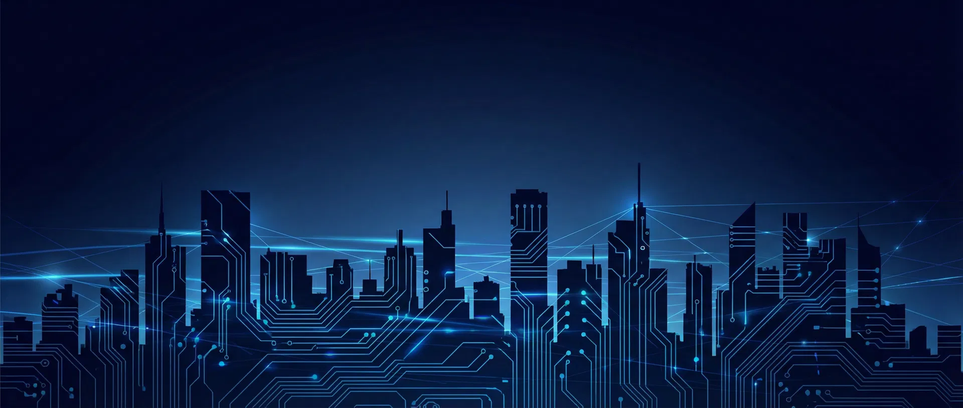 Technology cityscape background for component sourcing call to action