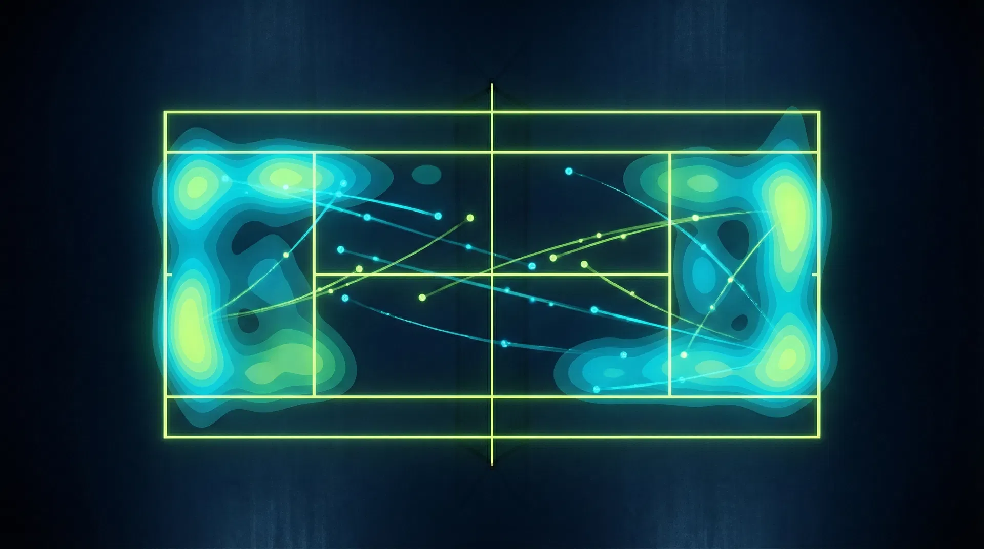 AI-generated heat map showing player movement patterns on a tennis court