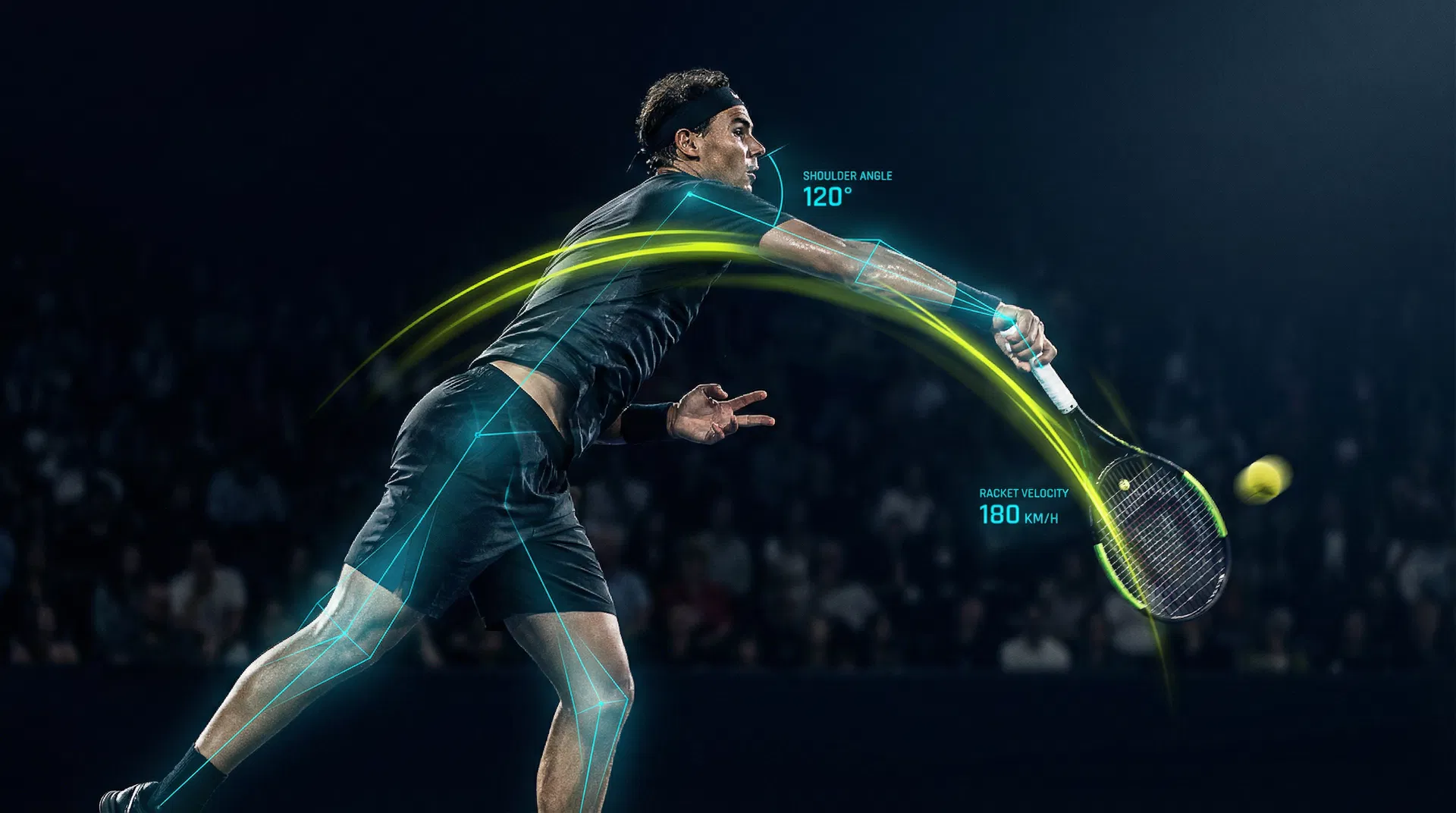 AI-powered tennis analysis showing motion tracking on a professional player
