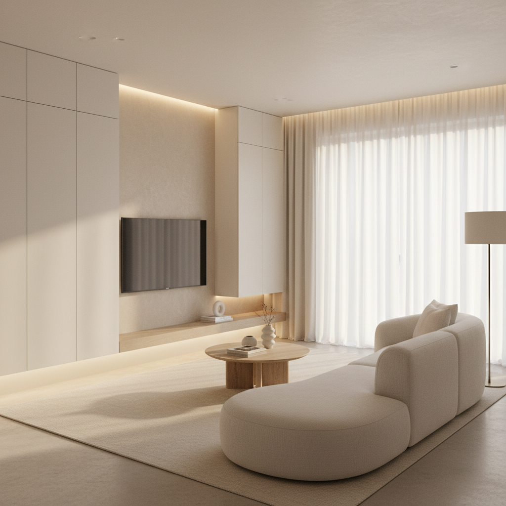 治愈奶油风客厅定制：悬浮电视柜与一体化高柜，打造极简高颜值储物空间