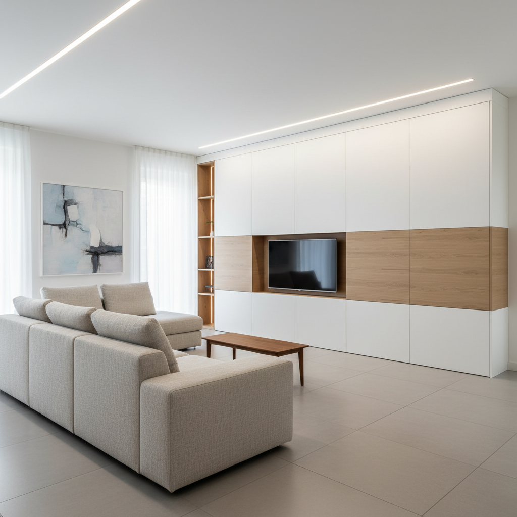 极简美学 | 米白与木色交织，打造高效能无压感一体化电视墙
