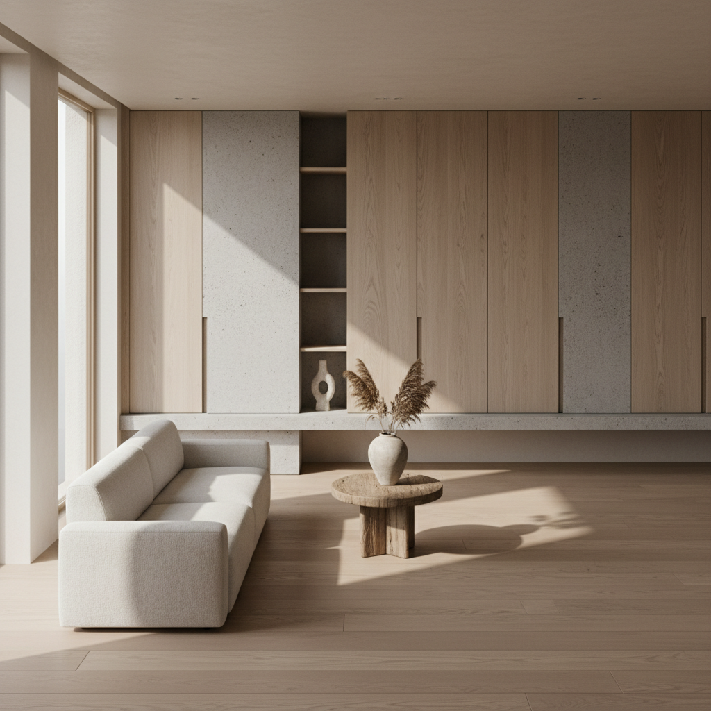 侘寂风现代简约客厅：极简留白，定制收纳美学营造治愈系松弛感