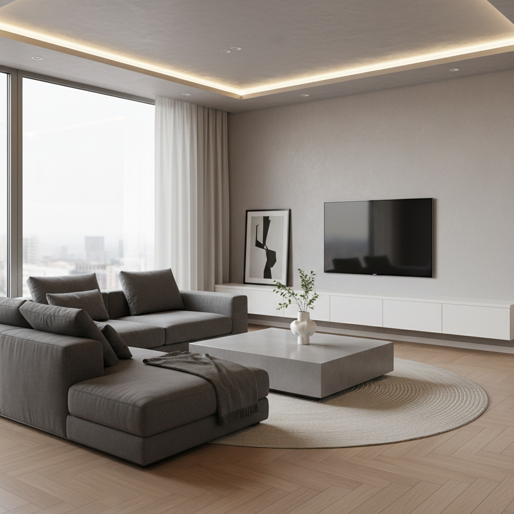 治愈奶油风客厅定制：悬浮电视柜与一体化高柜，打造极简高颜值储物空间 - 2