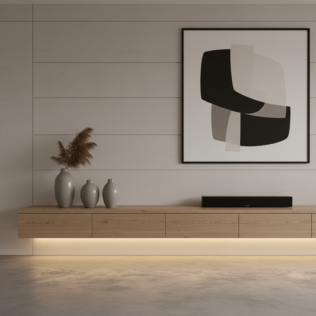 治愈奶油风客厅定制：悬浮电视柜与一体化高柜，打造极简高颜值储物空间 - 3