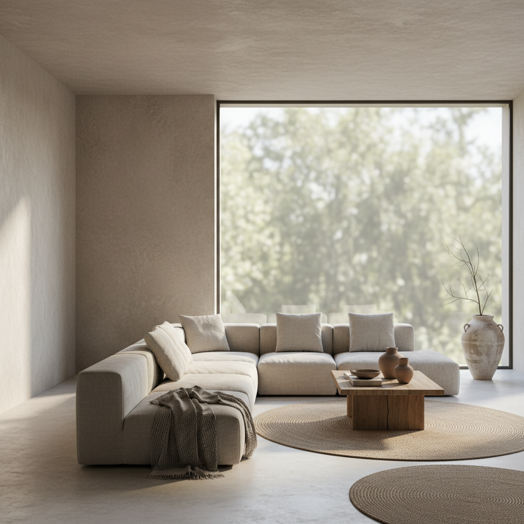 松弛感美学：侘寂风极简客厅设计，回归自然肌理与宁静的治愈空间
