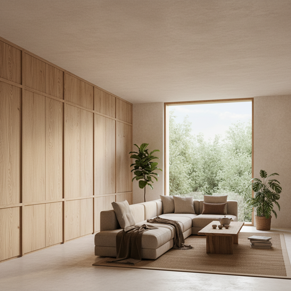 侘寂极简客厅：木纹隐形收纳，营造治愈系自然留白空间