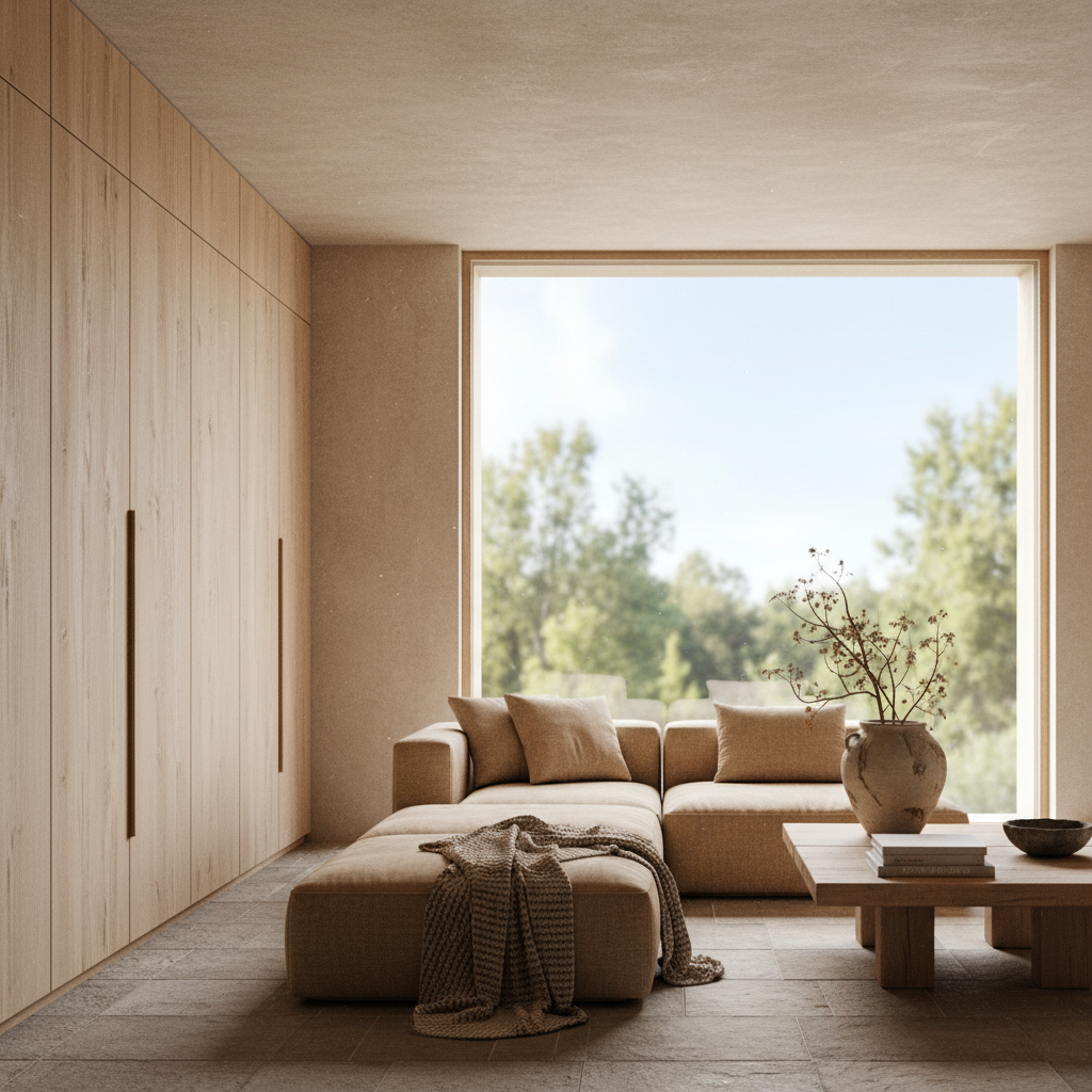 侘寂极简客厅：木纹隐形收纳，营造治愈系自然留白空间 - 2