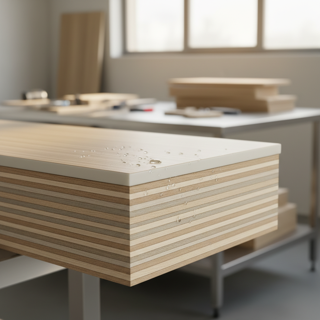 多层实木板材结构特写，展示防水性能