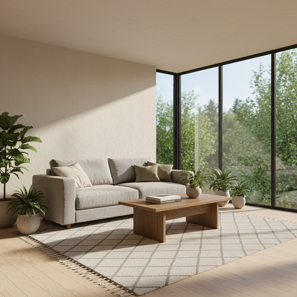 现代极简客厅：自然光影与纯粹美学，构建都市谧境