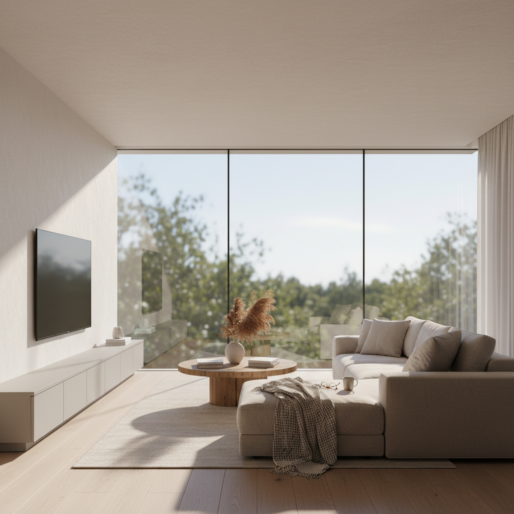 自然光影与纯粹之美：现代极简客厅，营造宁静舒适的都市绿洲