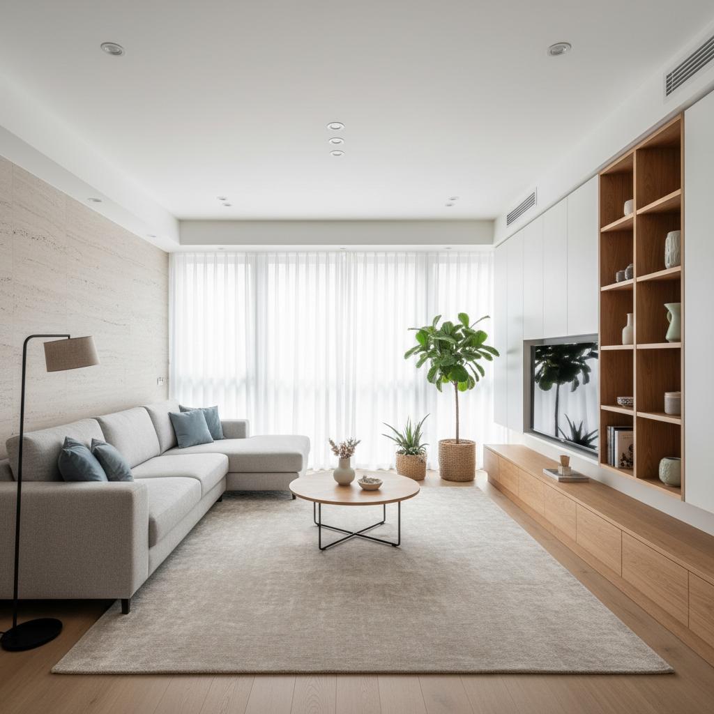 现代简约客厅：光影木韵交织，打造温馨治愈的都市栖居