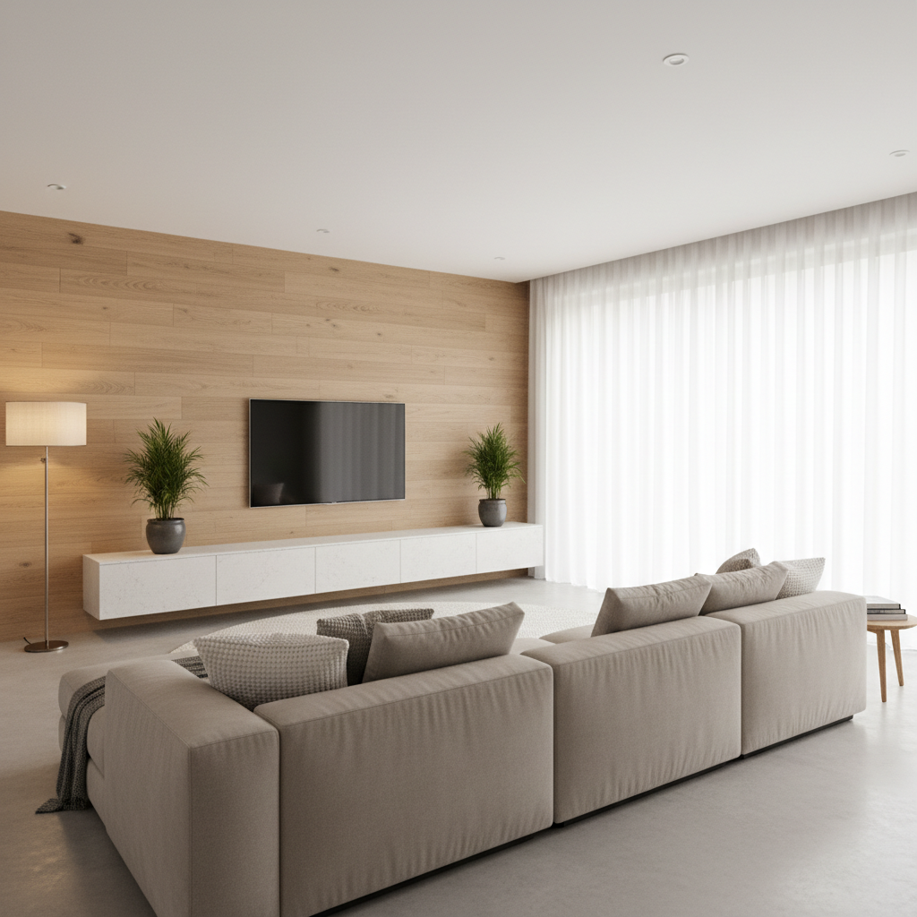 现代简约客厅：原木暖意与纯白极简的诗意栖居