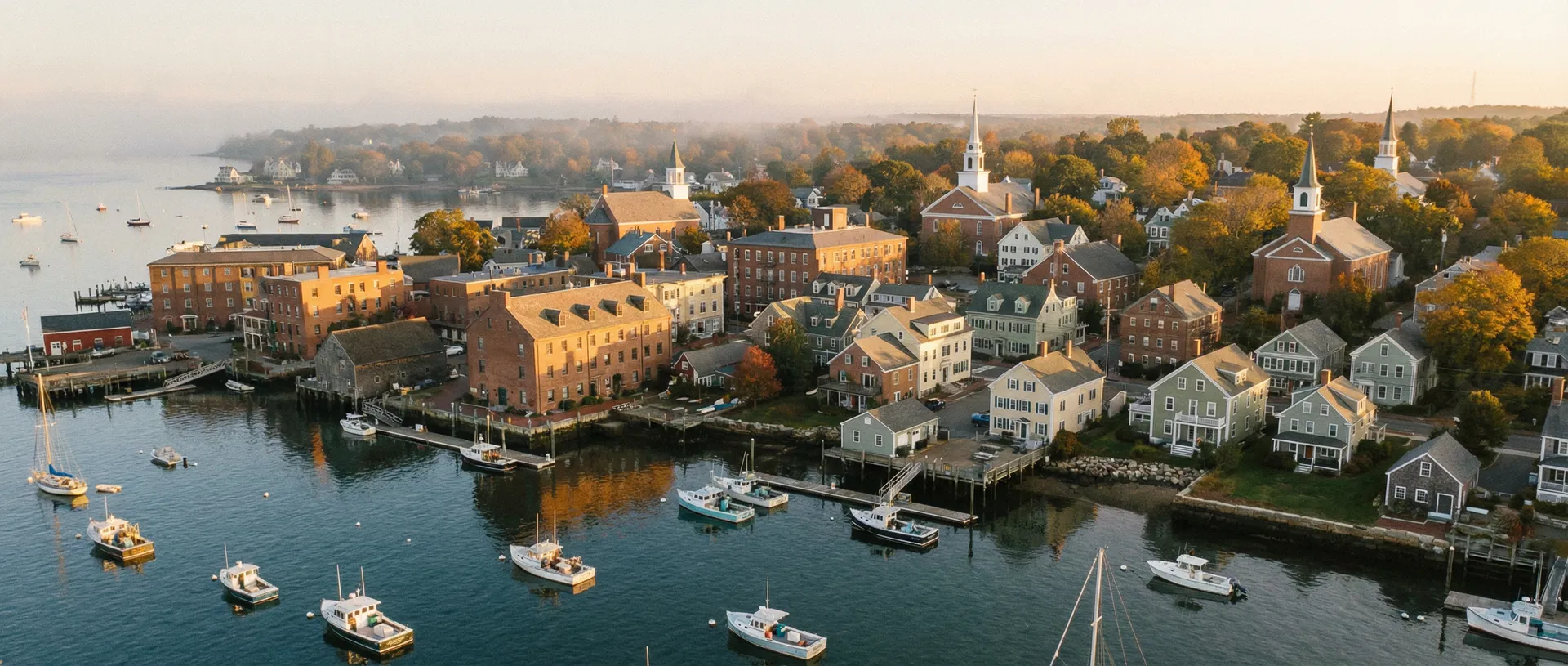 New England coastal town at golden hour
