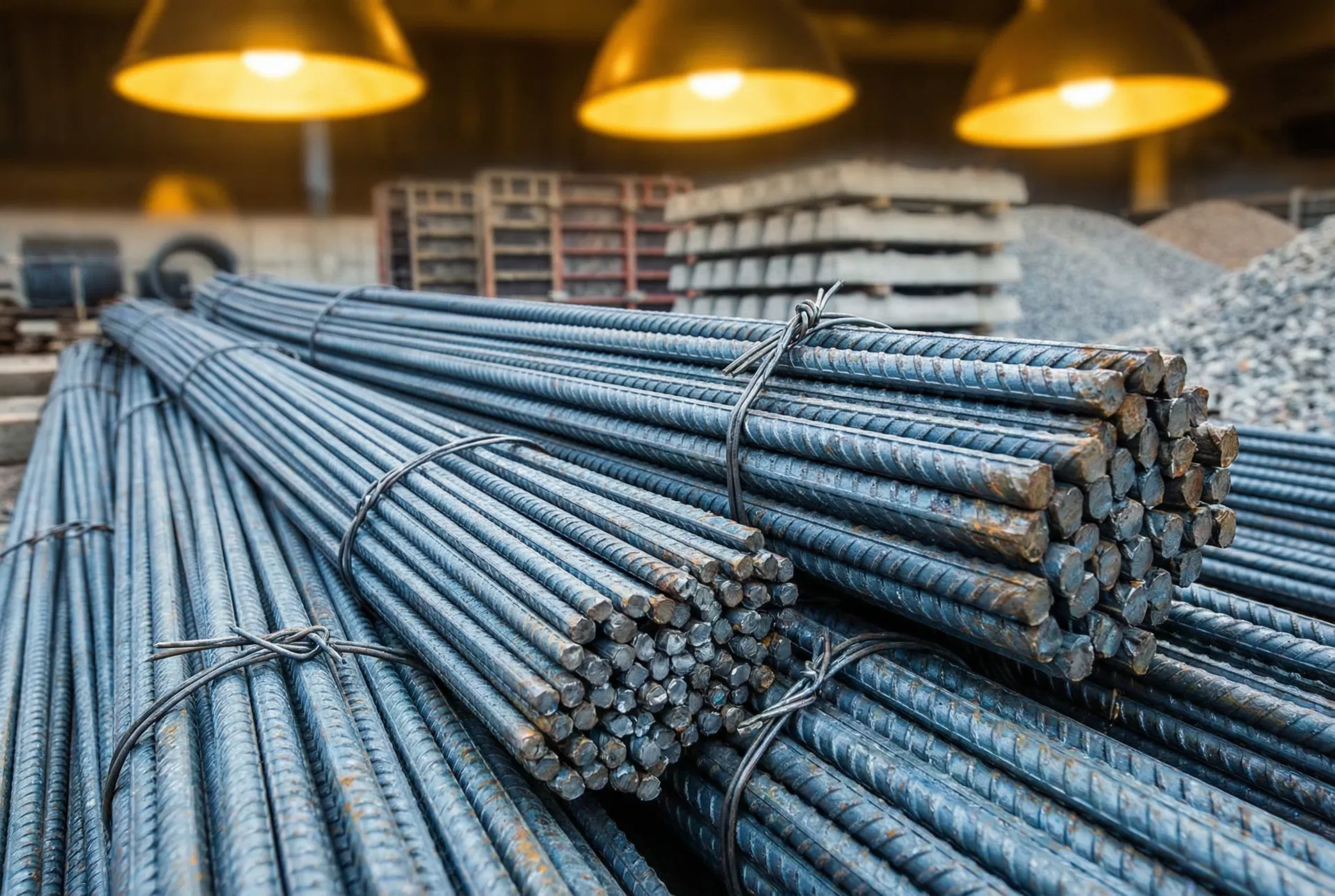 Steel rebar bundles at CalCo Industries supply yard