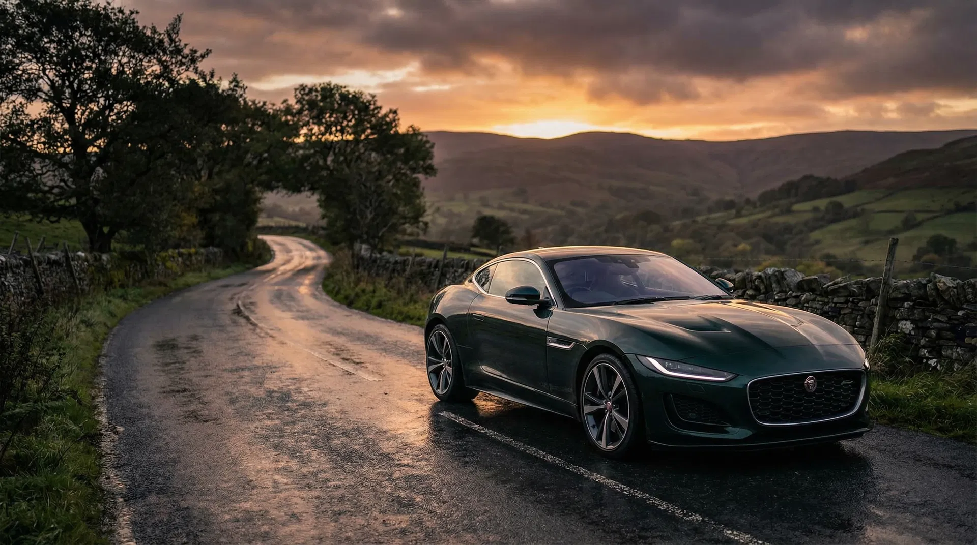 Jaguar F-Type in British Racing Green on a country road at dusk