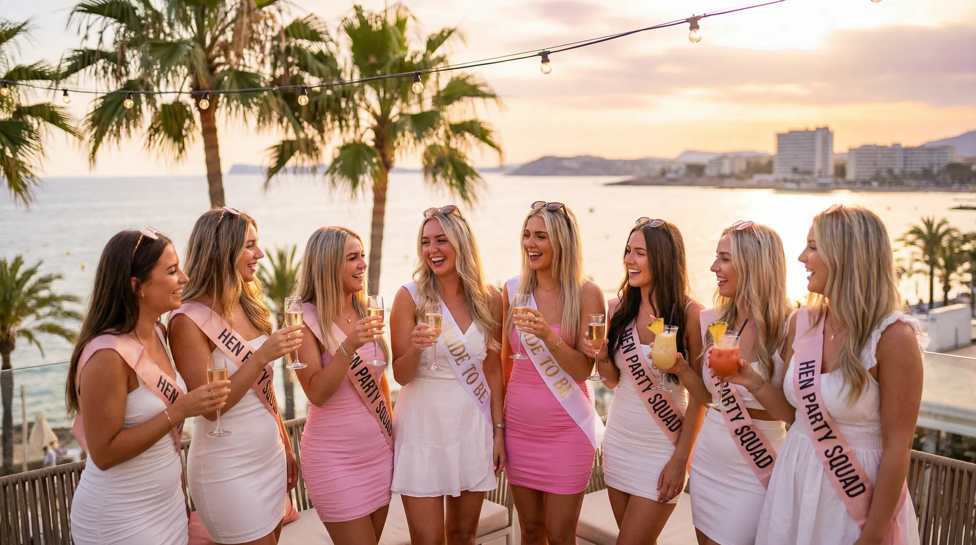 Group of women celebrating a hen party in Magaluf with cocktails at sunset
