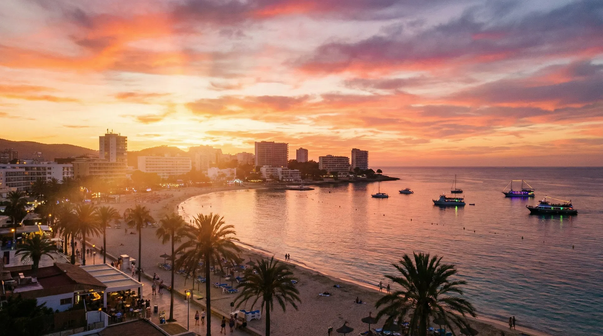 Stunning sunset over Magaluf beach with palm trees and Mediterranean sea