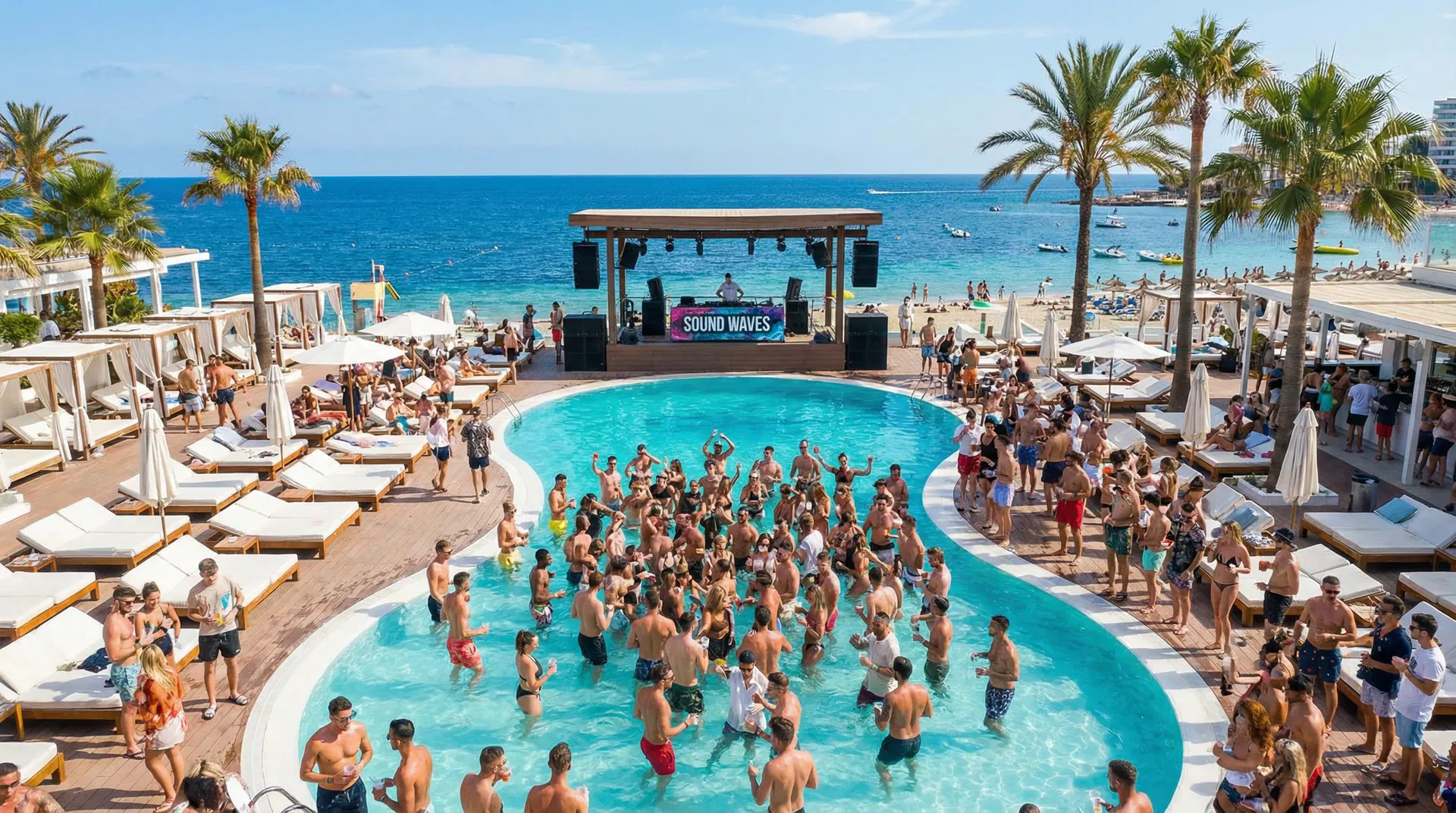 Oceans Beach Pool Party event in Magaluf, showing the atmosphere and venue