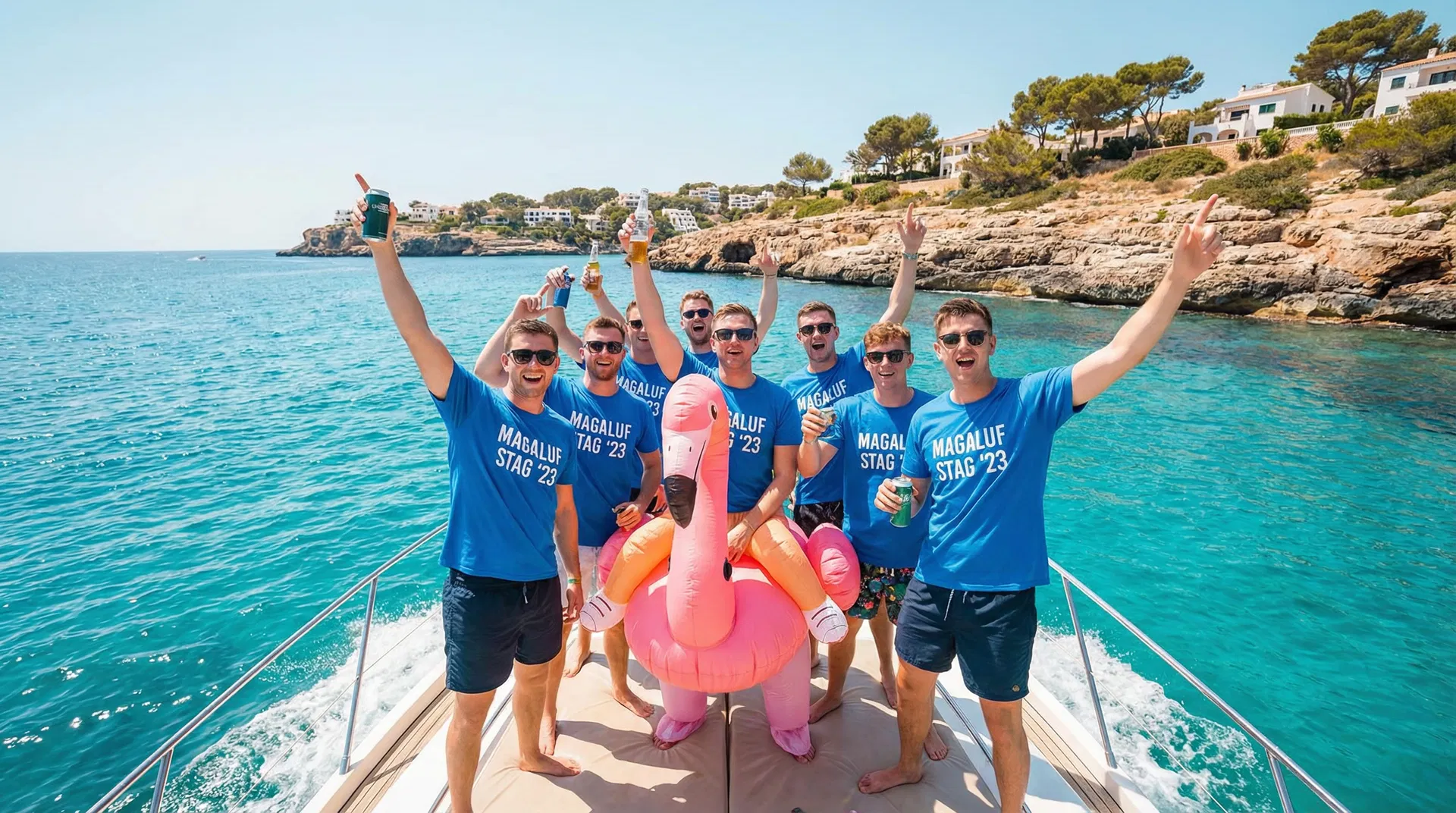 Group of men celebrating a stag do on a boat in Magaluf with turquoise sea