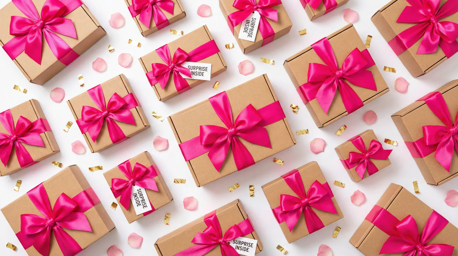 Subscription boxes wrapped with hot pink ribbons — perfect as gifts