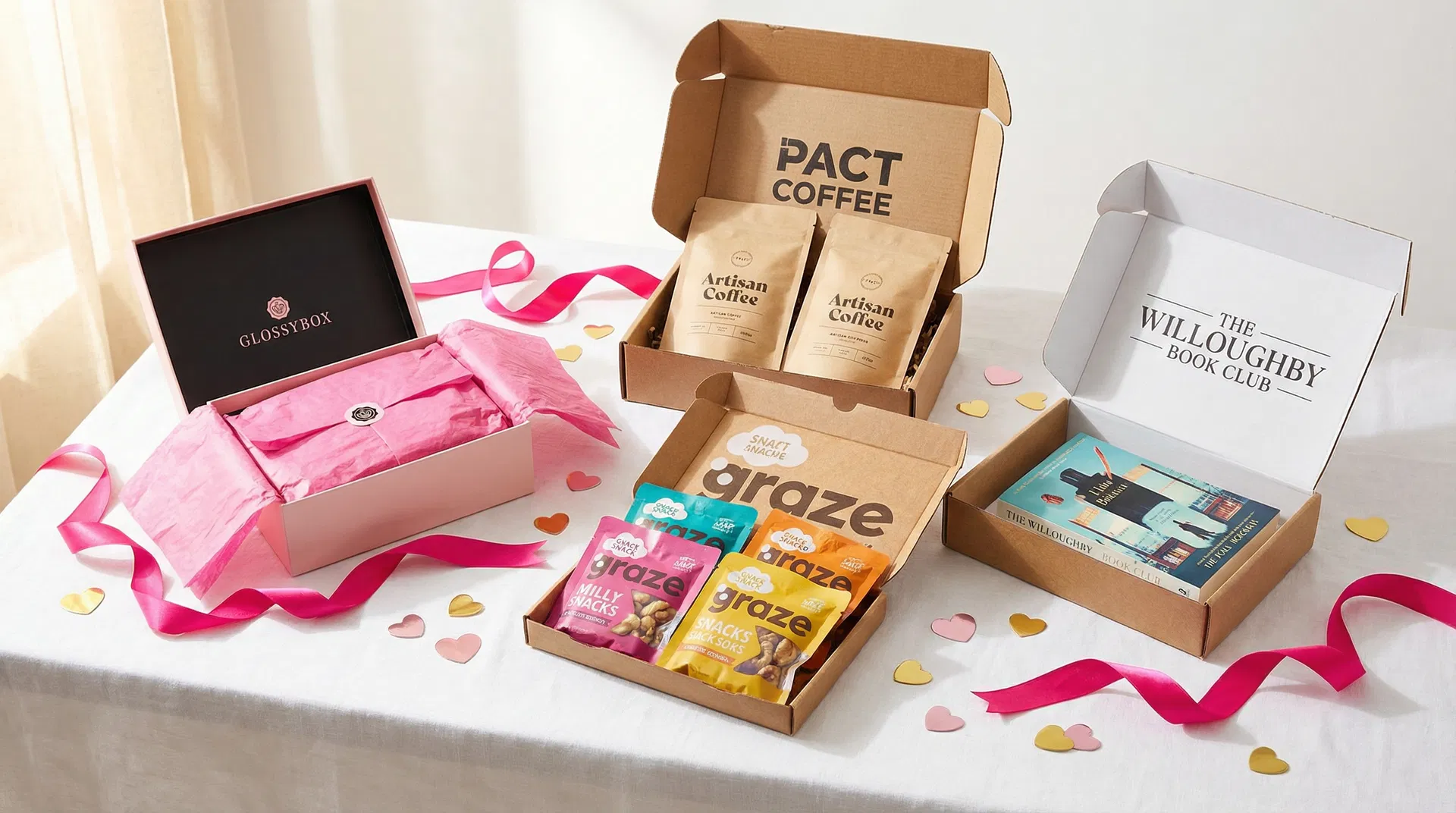 A selection of popular UK subscription boxes including beauty, coffee, snacks, and book boxes