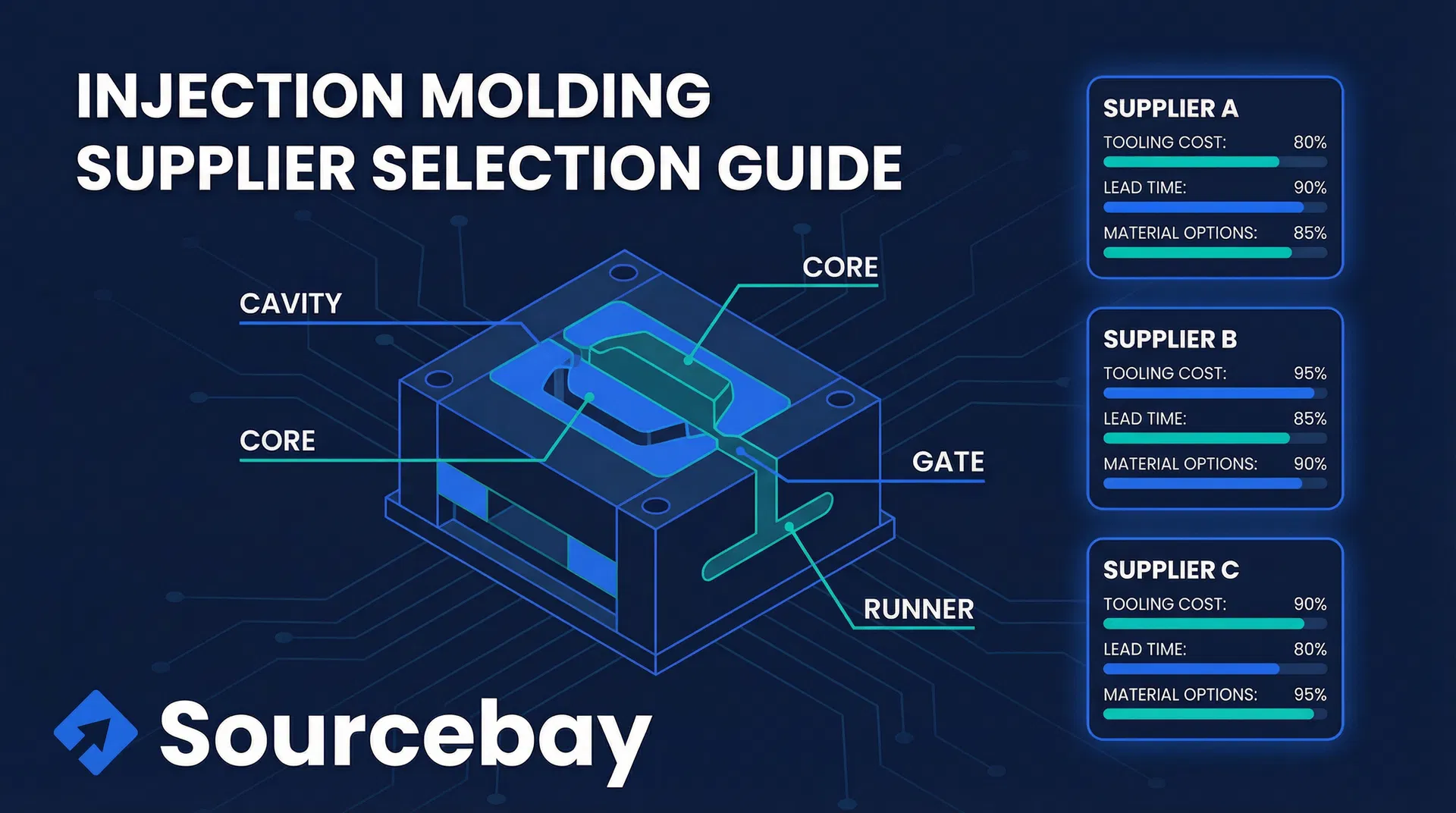 Sourcebay injection molding supplier selection: mold cross-section with 3 supplier comparison cards