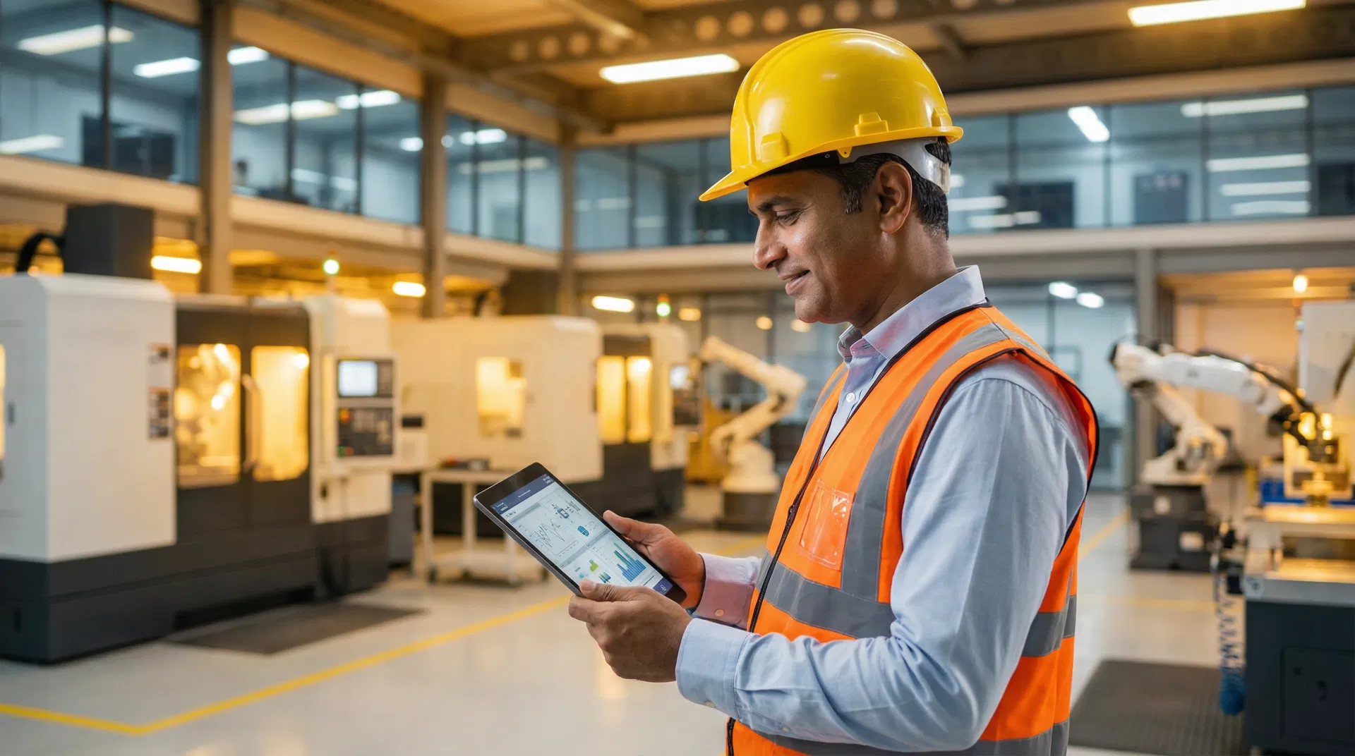 Manufacturing supplier reviewing RFQ data on tablet in modern factory