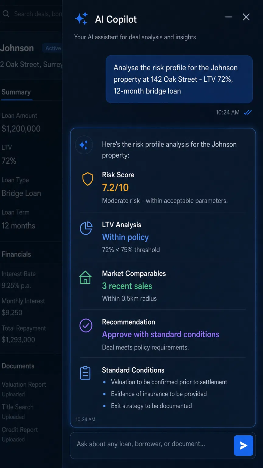 LendAutomate AI Copilot panel showing risk analysis, loan summary, and AI-generated recommendations for a bridge loan application