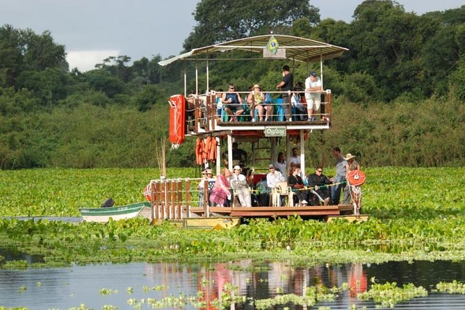 Turistas em um barco de passeio observando a natureza no Pantanal