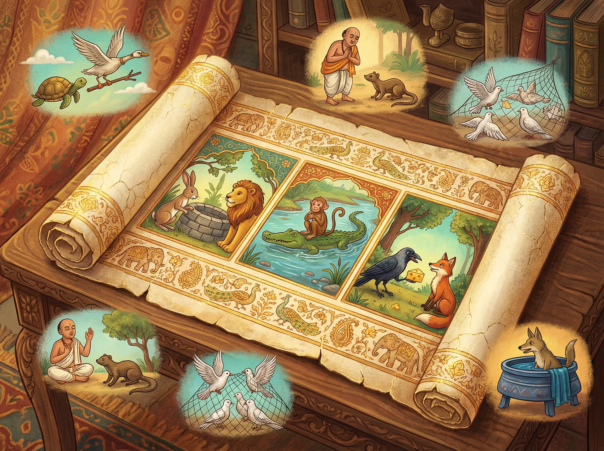 Panchatantra ancient scroll with story illustrations