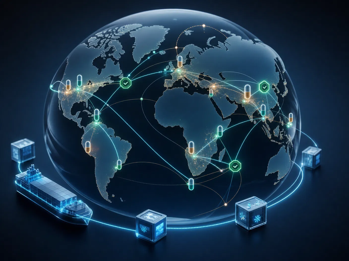 Abstract global pharmacy procurement route visualization