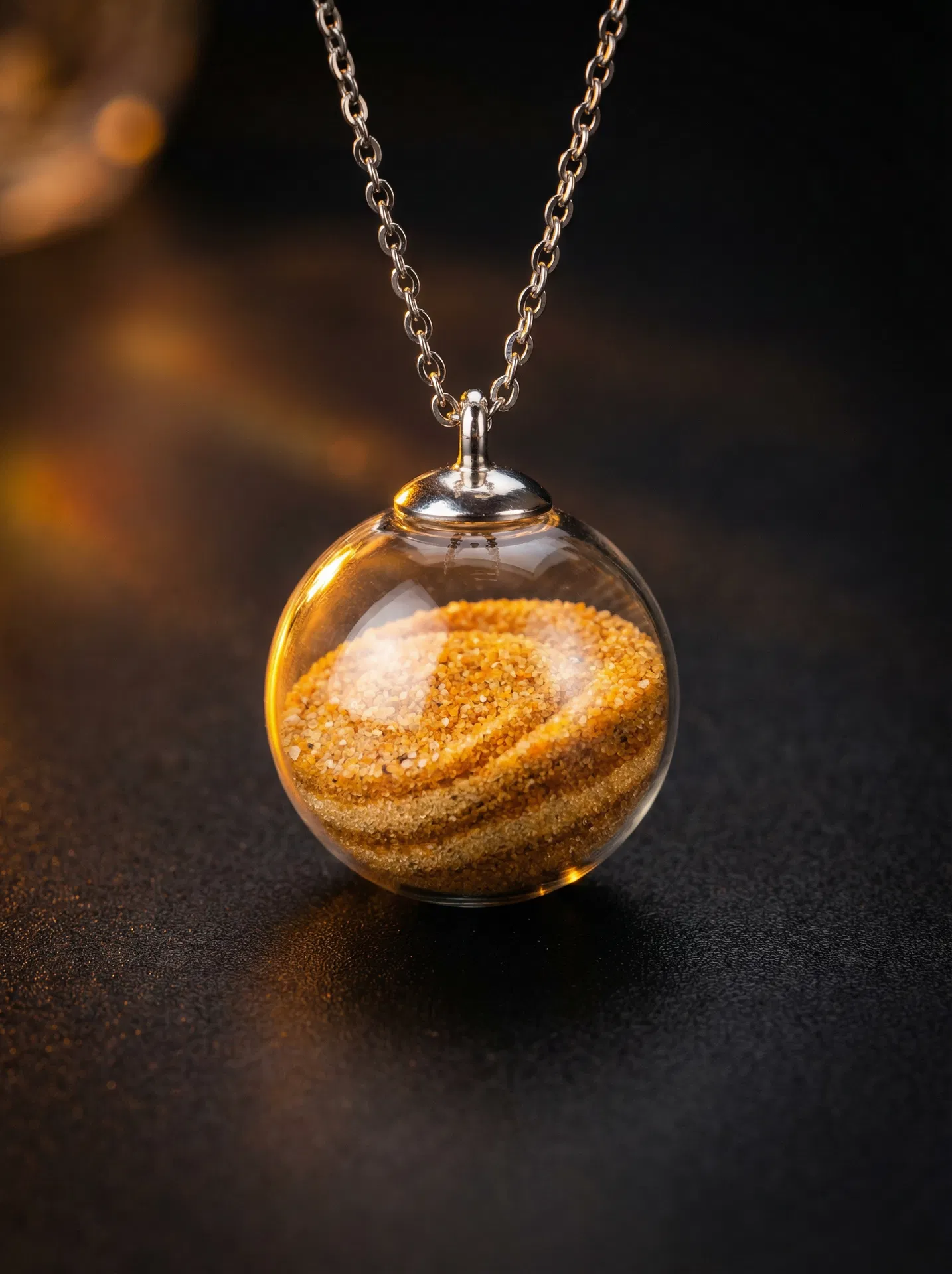 Close-up of the glass orb with golden Namib Desert sand