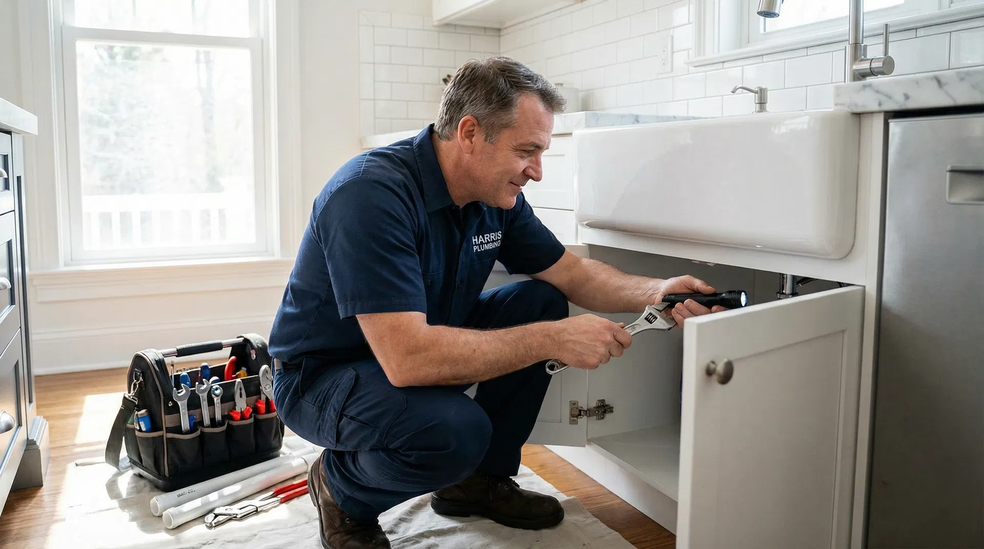 Professional Kroope plumber working in a modern kitchen