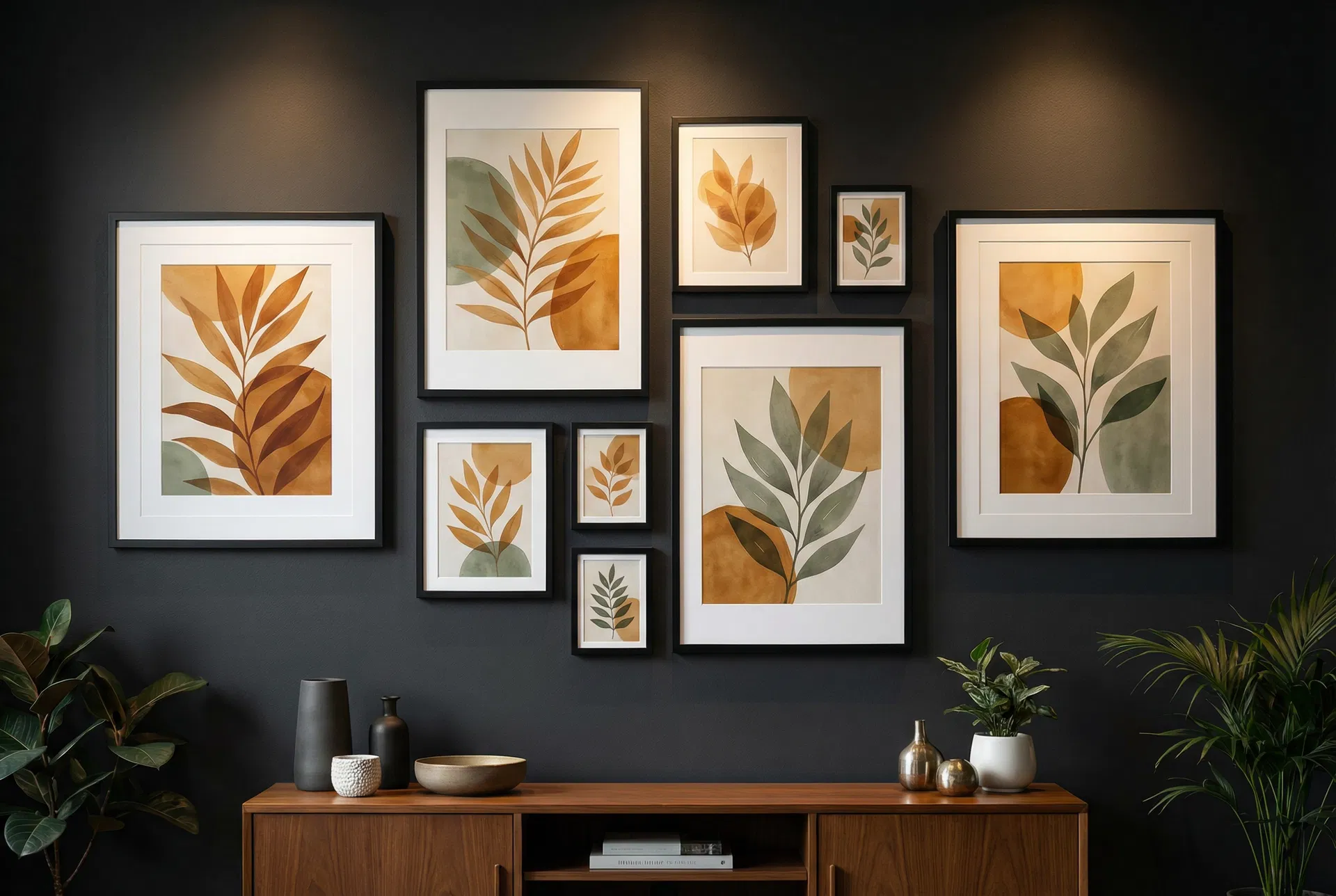 Wall art prints in multiple sizes displayed on a dark wall