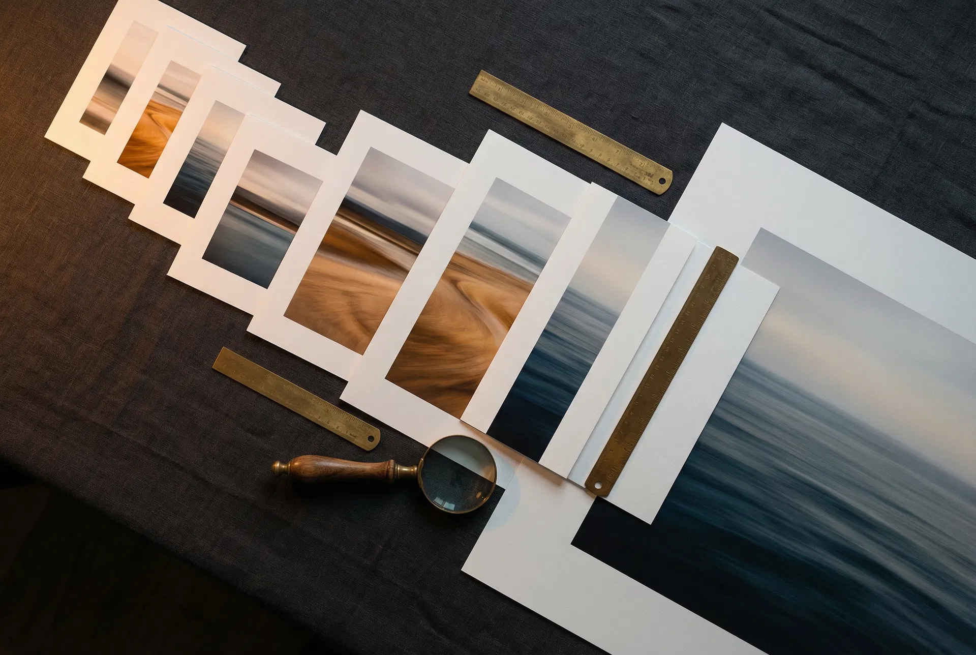 Various print sizes arranged on a dark surface