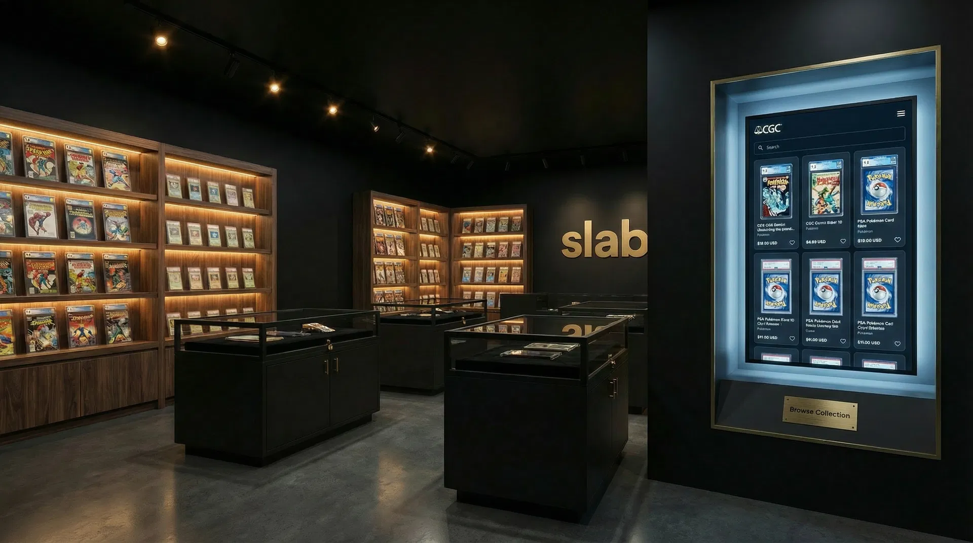 slab. gallery interior with interactive screen