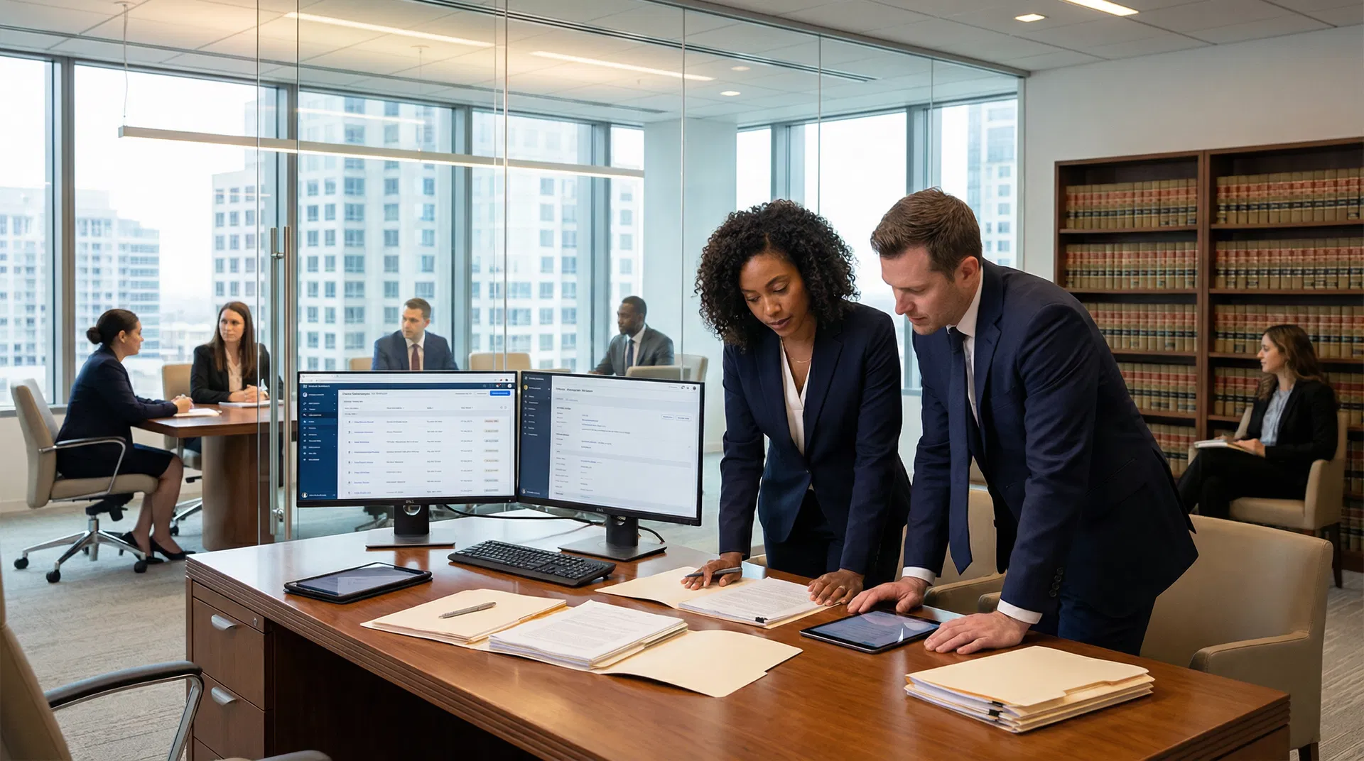 Legal professionals reviewing case files