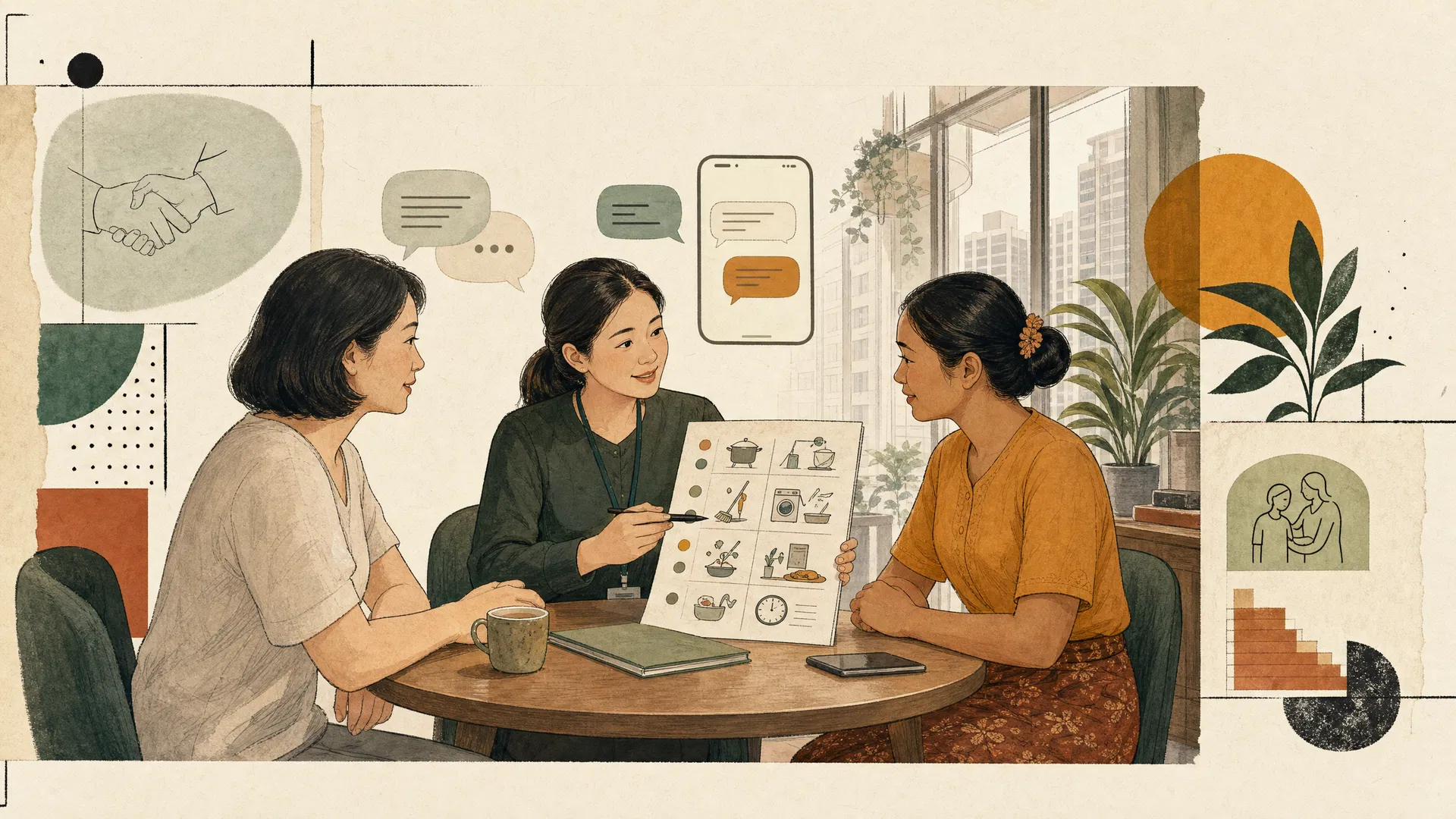 An agency coordinator translating a household routine for a helper and employer