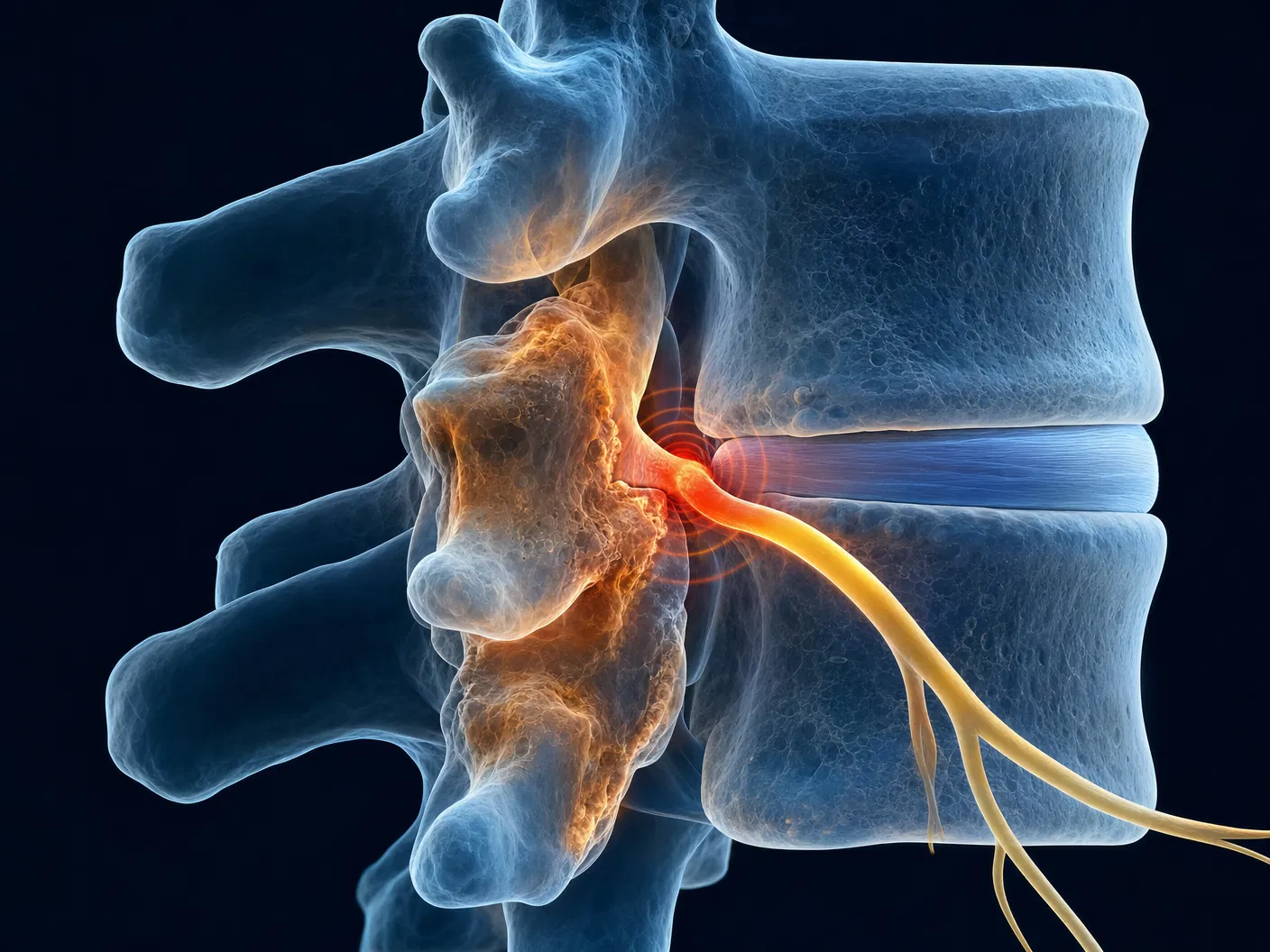 Ilustração 3D premium mostrando artrose facetária com hipertrofia articular (âmbar-laranja), estenose foraminal e compressão da raiz nervosa (vermelho-laranja) no forame intervertebral lombar