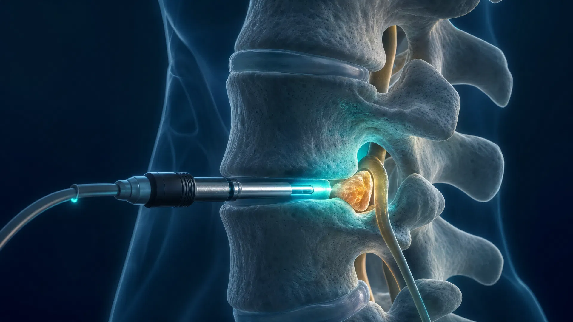 Cirurgia minimamente invasiva de coluna — endoscópio removendo fragmento de hérnia de disco com precisão