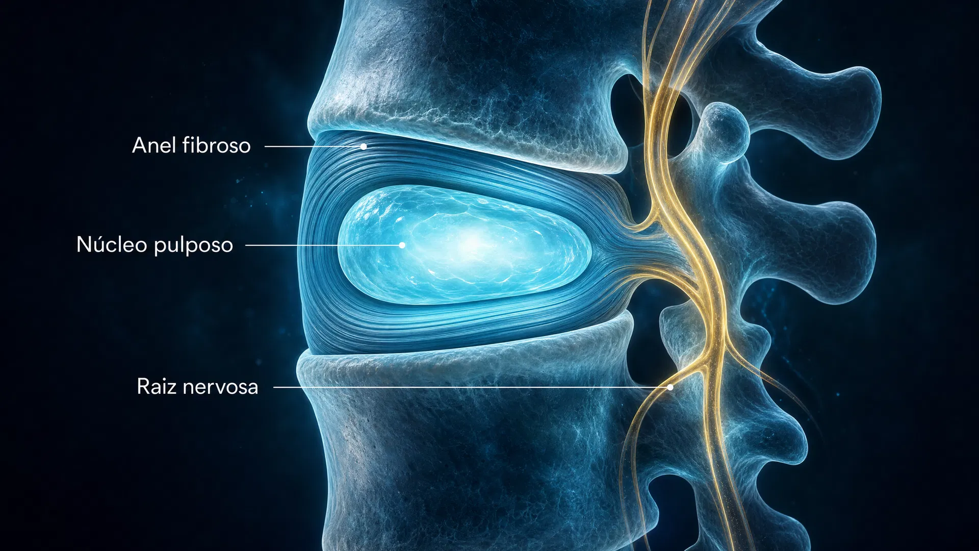 Anatomia do disco intervertebral saudável — corte transversal mostrando anel fibroso, núcleo pulposo e raiz nervosa