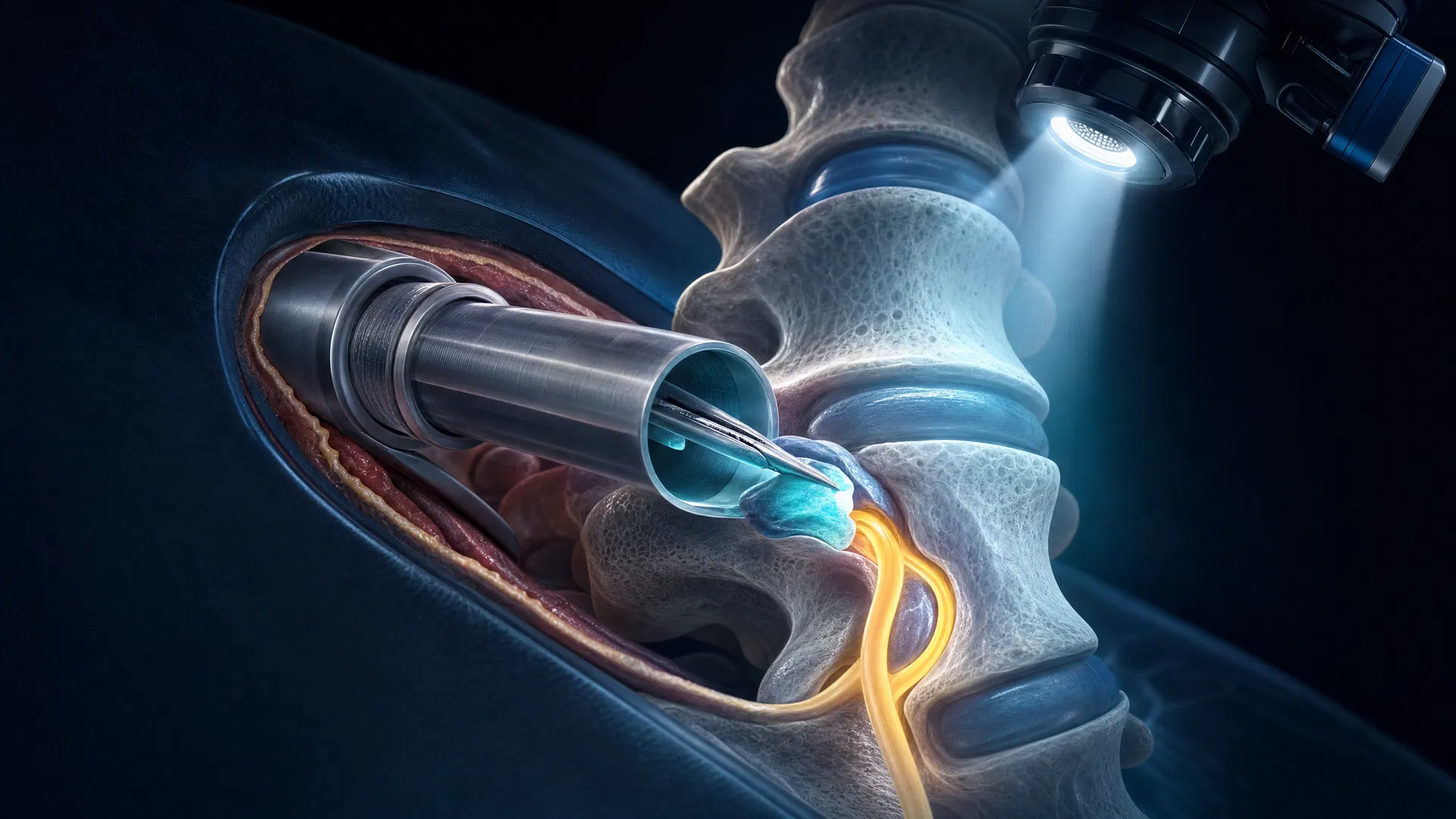 Microdiscectomia — cirurgia minimamente invasiva com retrator tubular removendo fragmento de hérnia de disco e descomprimindo o nervo