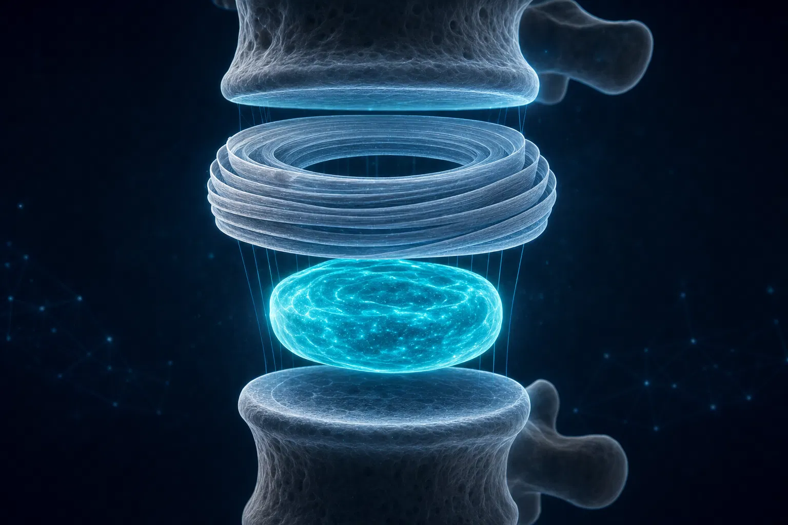 Ilustração 3D explodida do disco intervertebral mostrando anel fibroso e núcleo pulposo separados