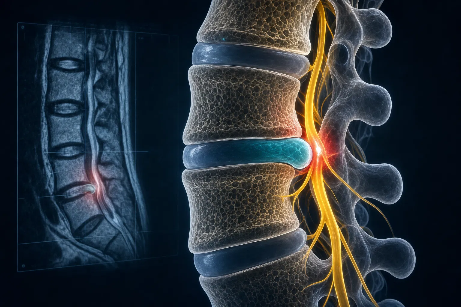 Ilustração 3D de hérnia discal comprimindo raiz nervosa com ressonância magnética ao fundo — correlação clínica