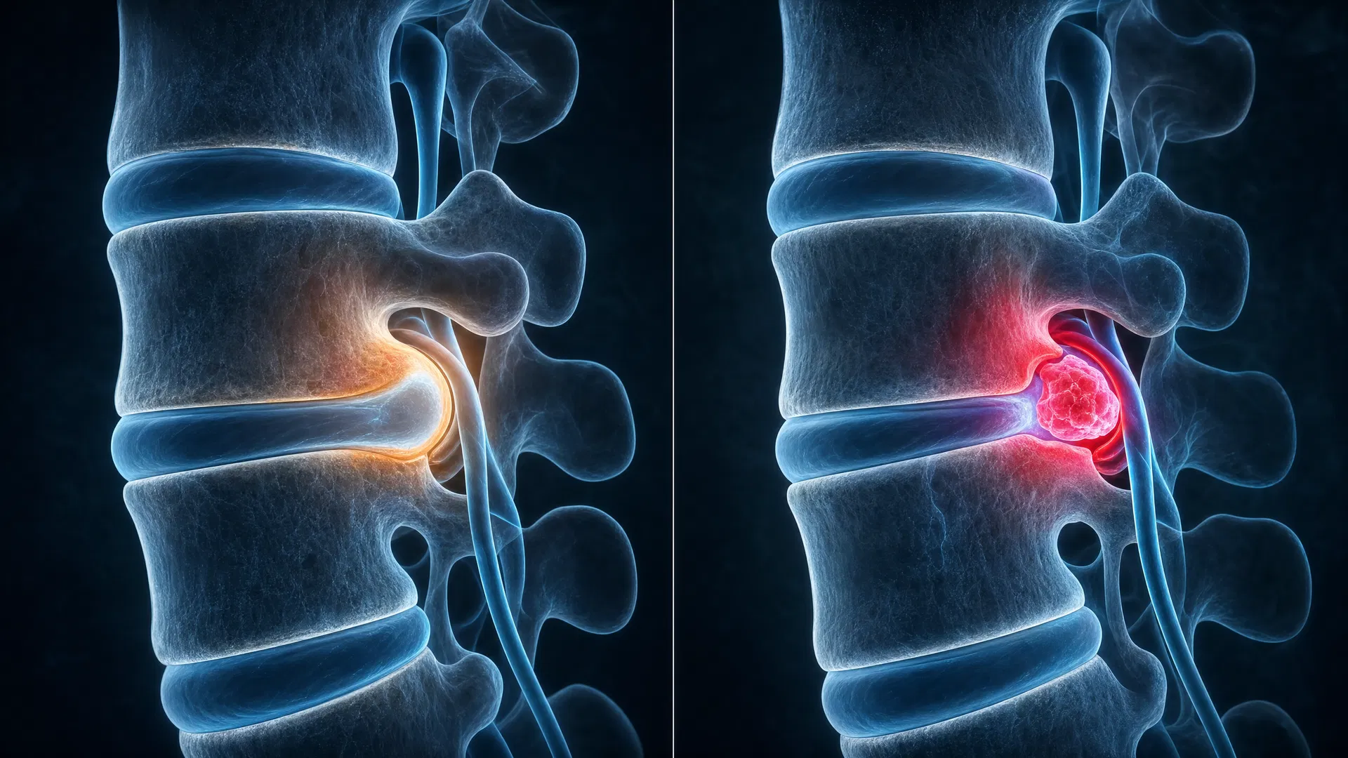 Comparação 3D lado a lado: protrusão discal (esquerda, abaulamento amplo) vs. hérnia de disco (direita, extrusão focal com compressão nervosa)