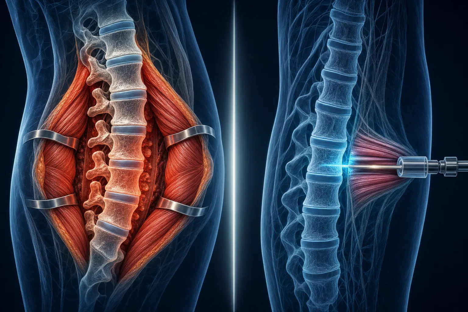 Comparação 3D entre cirurgia aberta (exposição ampla com musculatura afastada) e cirurgia minimamente invasiva (acesso tubular com preservação muscular)